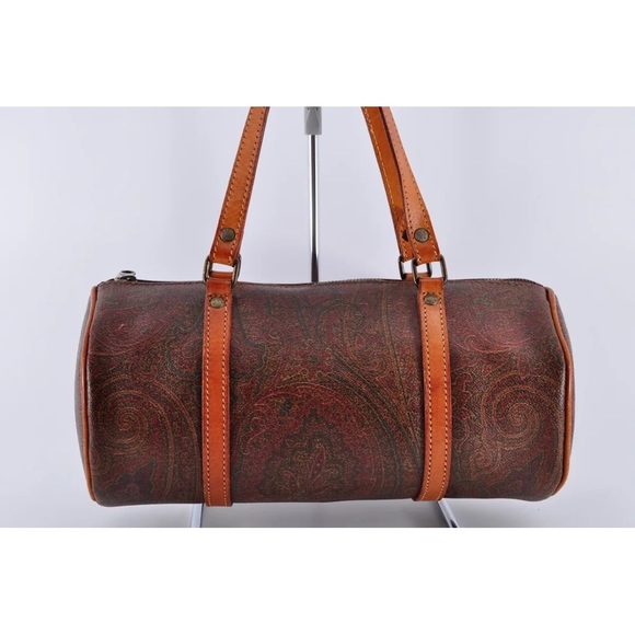 ETRO Paisley Mini Boston Bag PVC Leather Wine Red Brown Used Authentic EUC - Picture 2 of 12